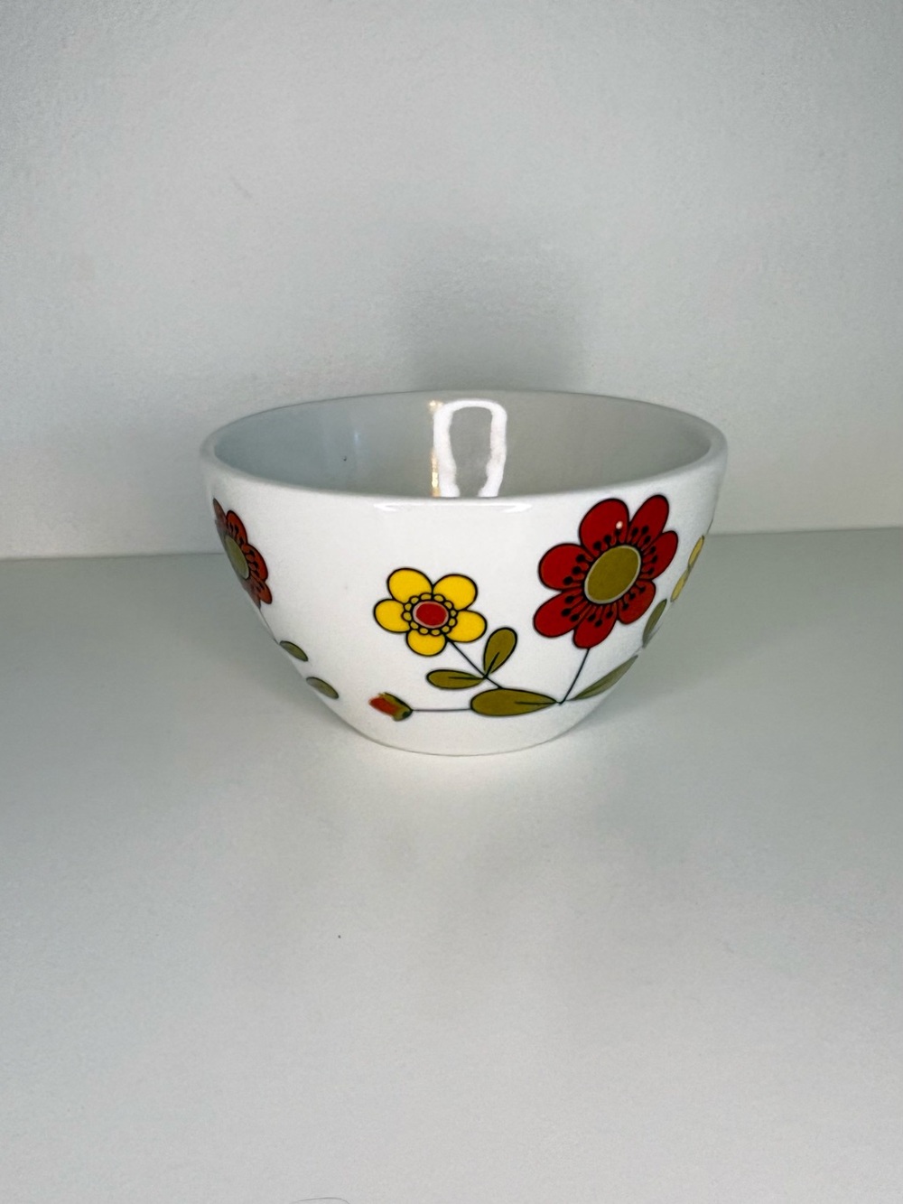 Vintage jewelry dish / White Ceramic Bowl with Red and Yellow Floral Design